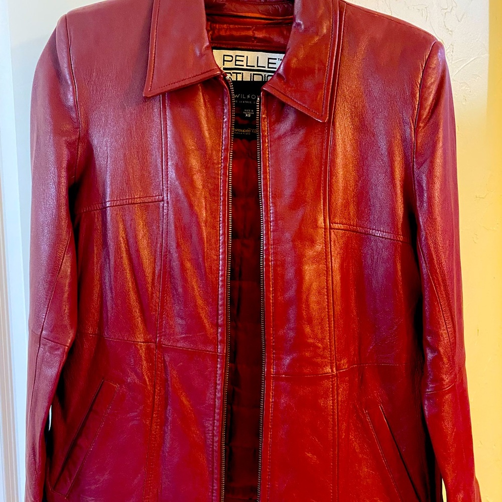 Pelle Studio- petite cranberry leather jacket with zip out liner for warmth.